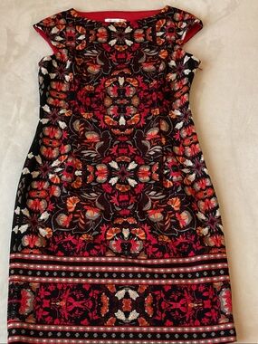 London Times Black Midi Dress with Red, Orange and Cream Floral Embroidery